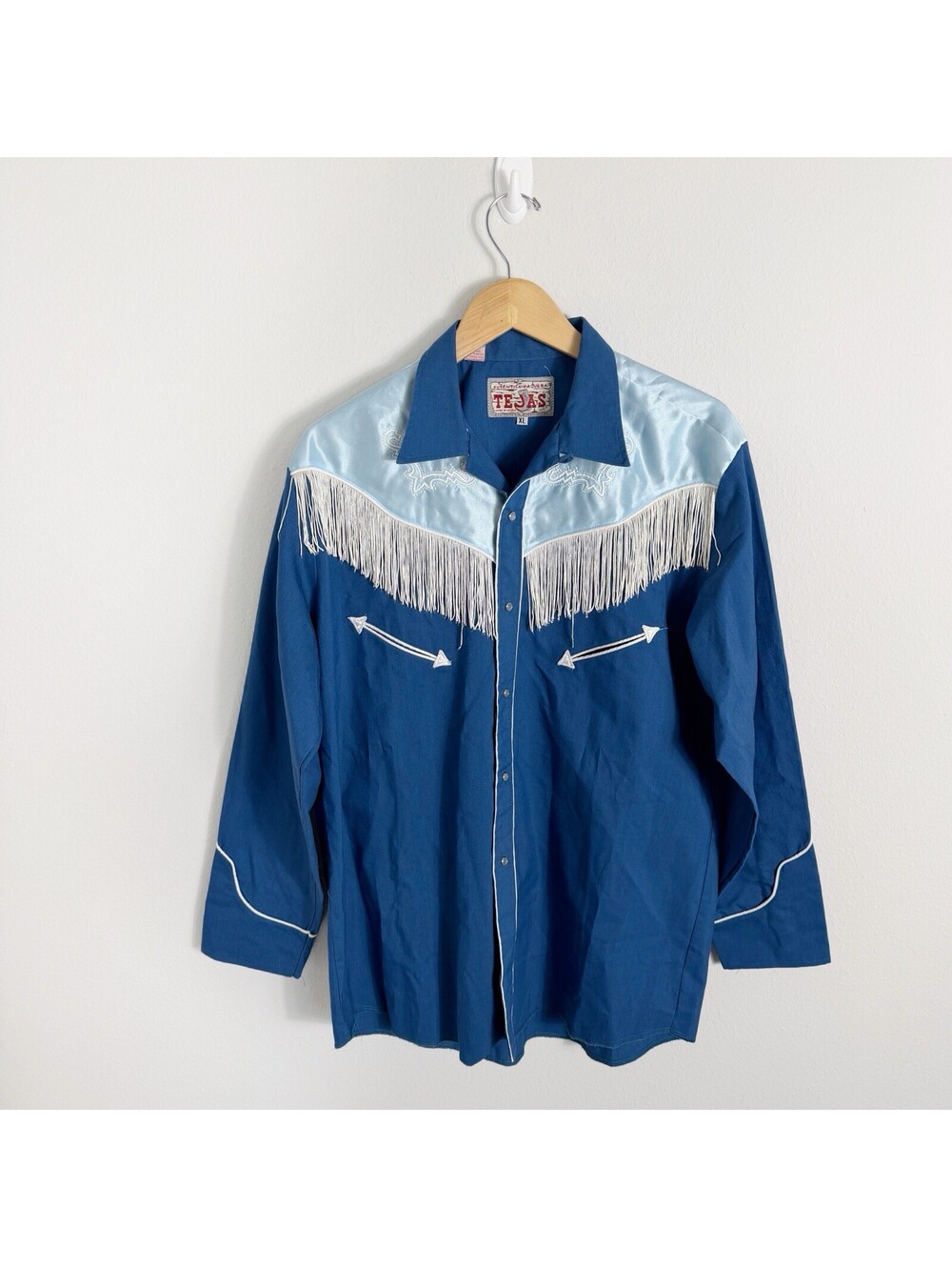 Vintage Tejas Ranchwear Blue Embroidered Western Pearl Snap Shirt Fringe Mens XL